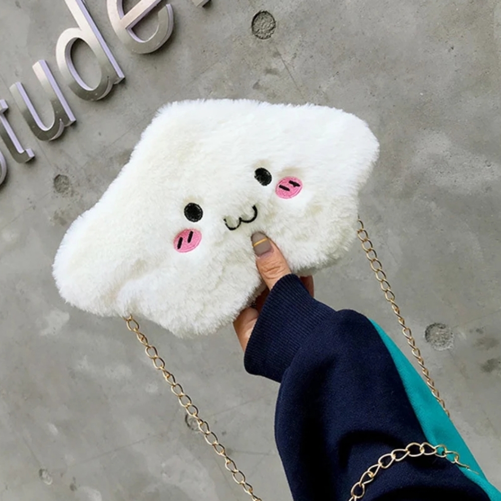 White Plush Mini Cloud Crossbody Bag with Cute Face